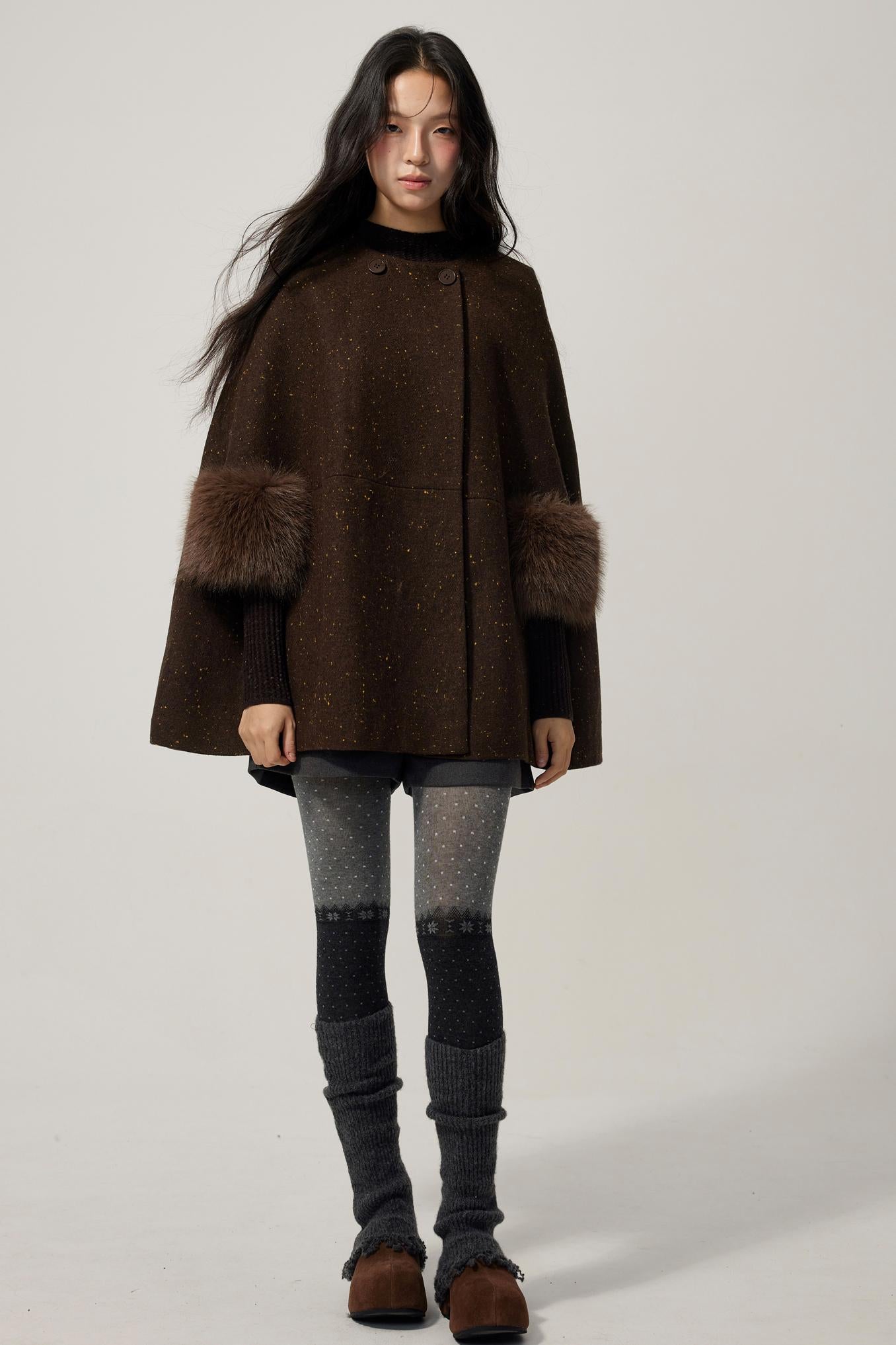 Coffee Wool Cotton Blend Cloak