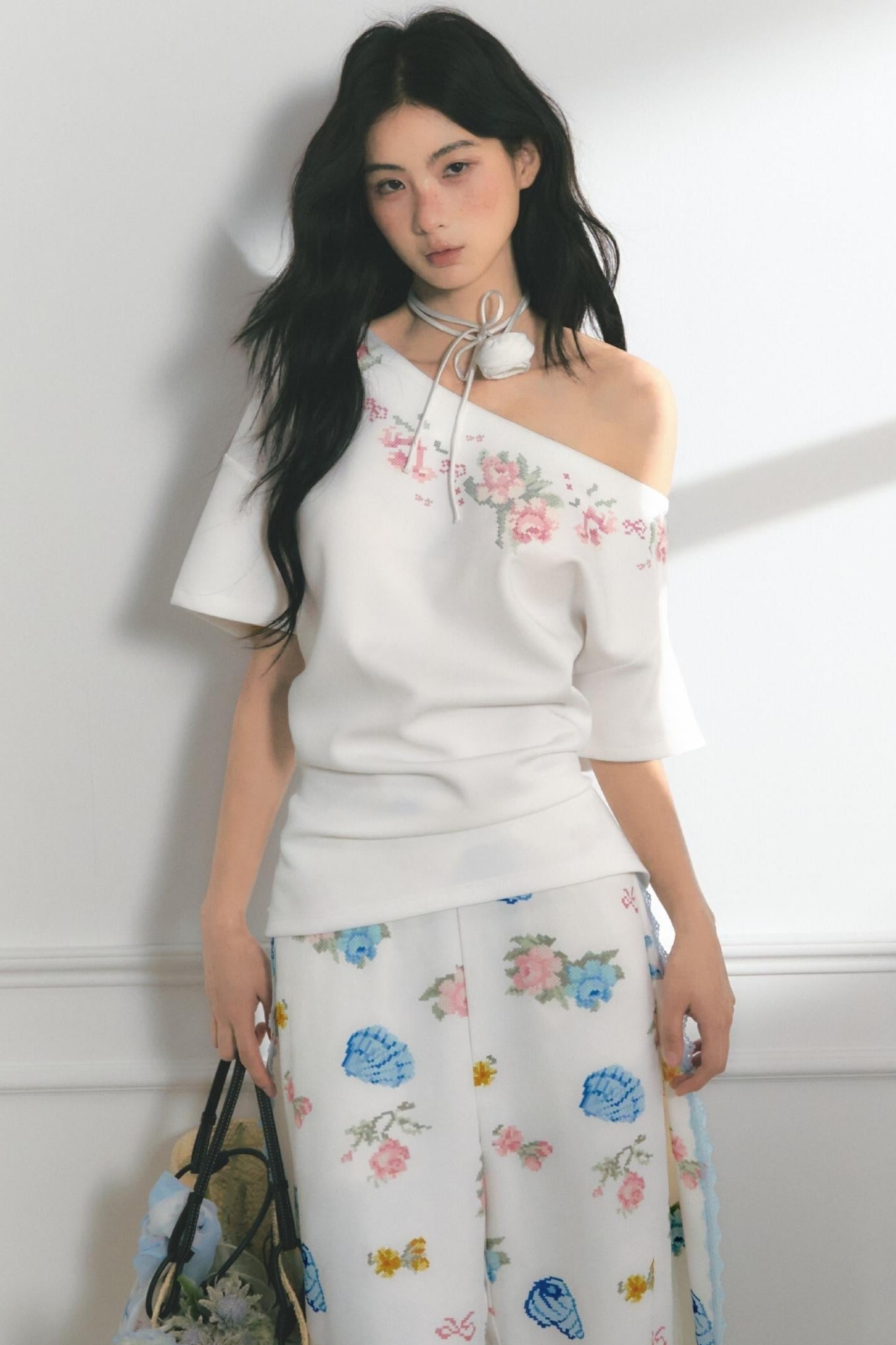 Floral Embroidered Button Top