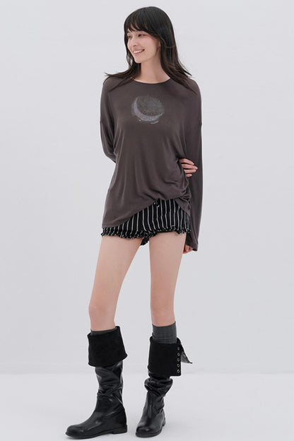 Moon Print Wool Blend Long Sleeves Top
