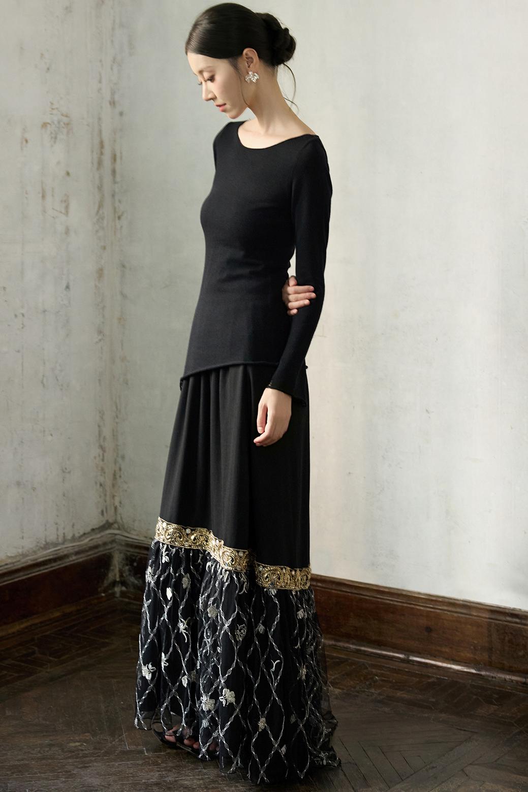 Fall Black Patchwork Mesh Skirt