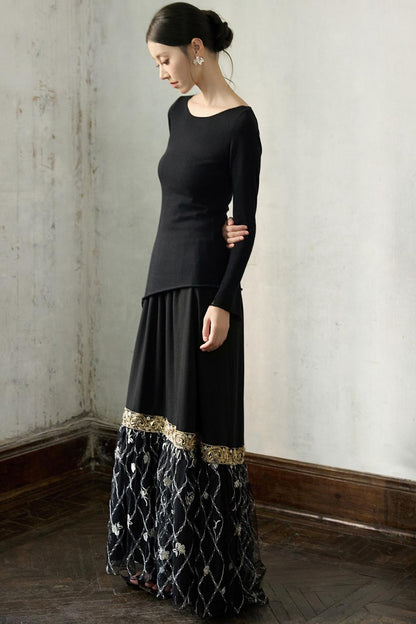 Fall Black Patchwork Mesh Skirt