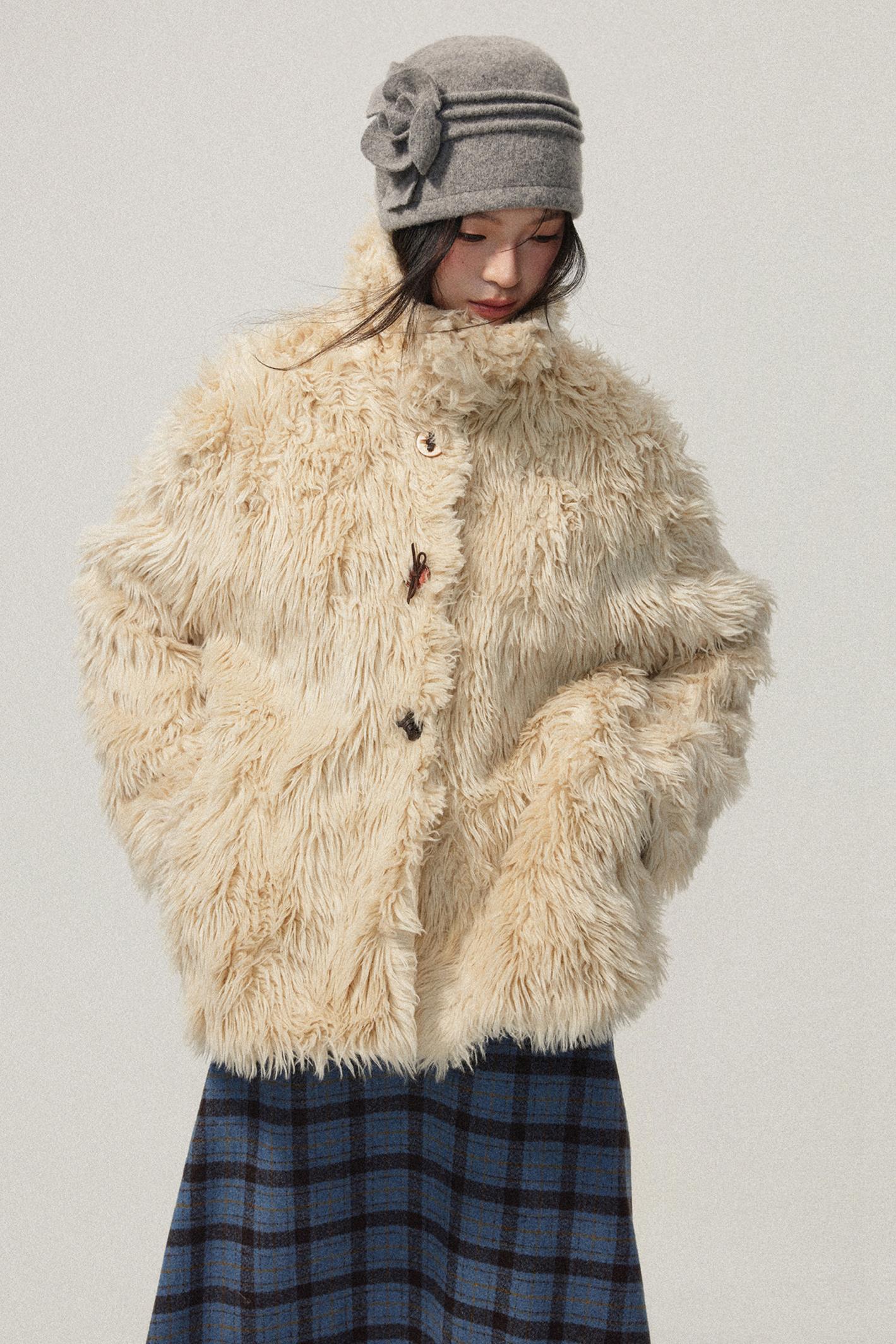 Khaki Wool Fur Collar Slim Coat