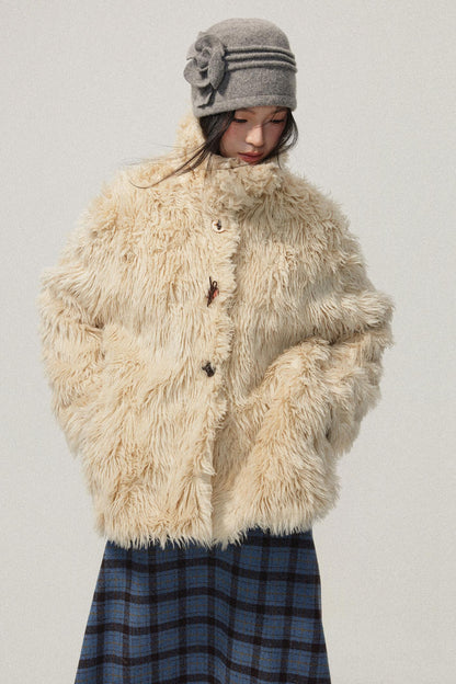 Khaki Wool Fur Collar Slim Coat