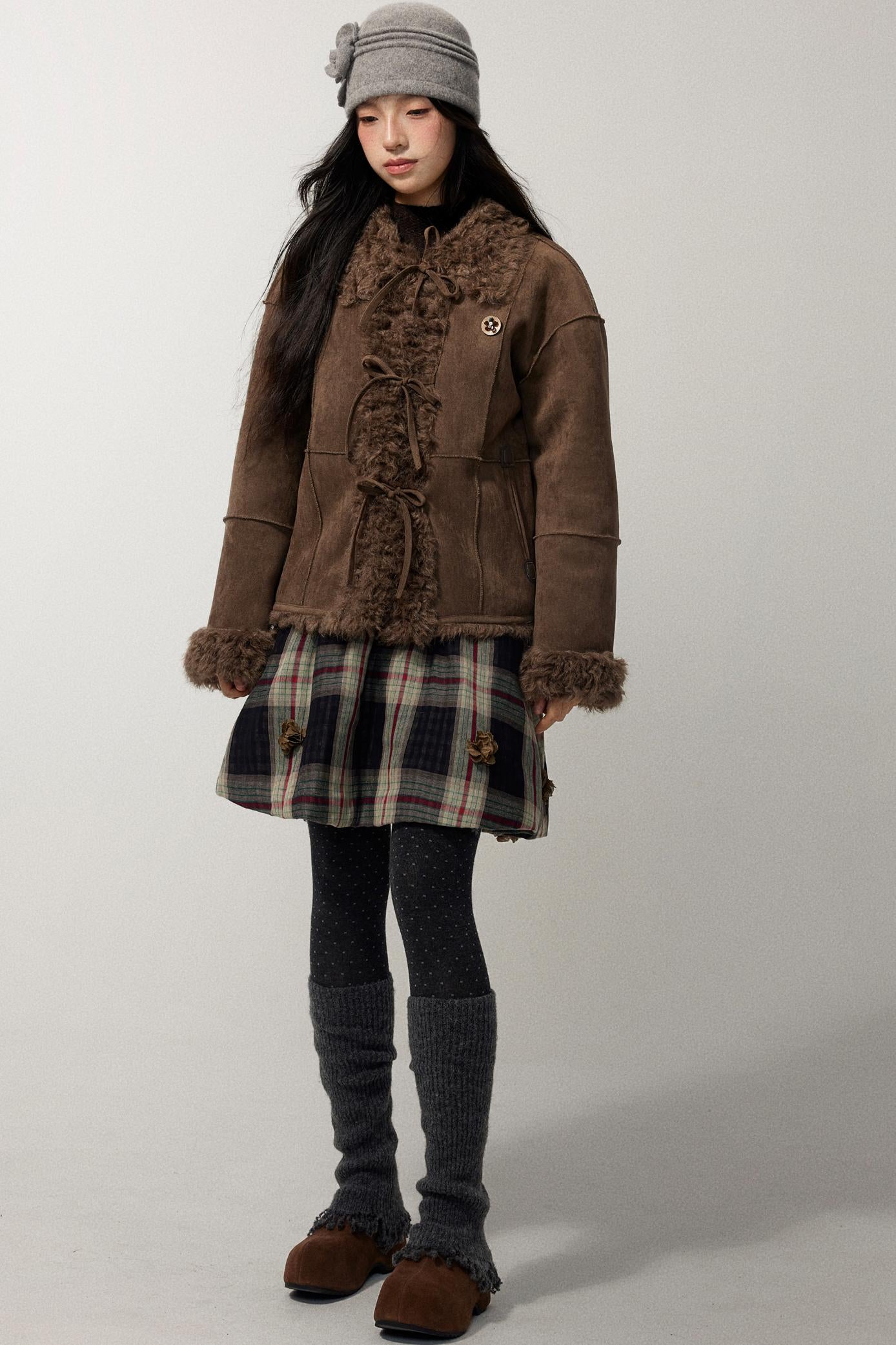 Coffee Red Plaid Cotton Warm Skirt