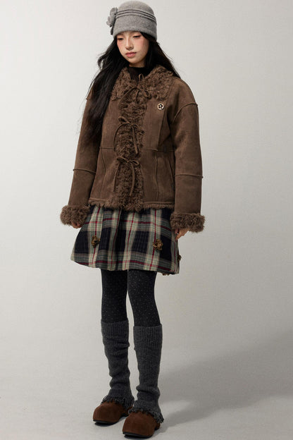 Coffee Red Plaid Cotton Warm Skirt