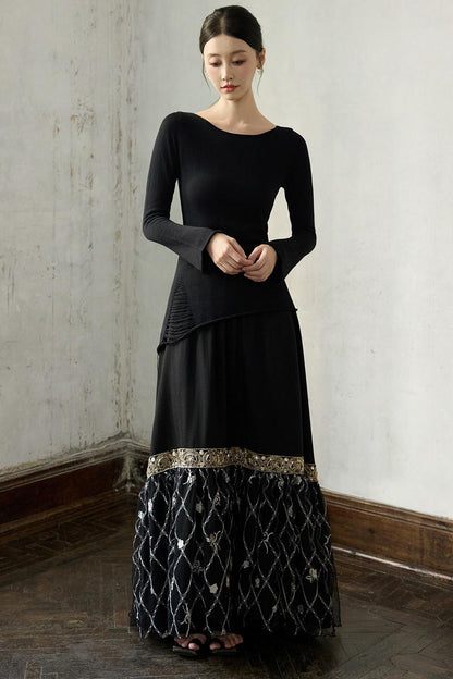 Fall Black Patchwork Mesh Skirt