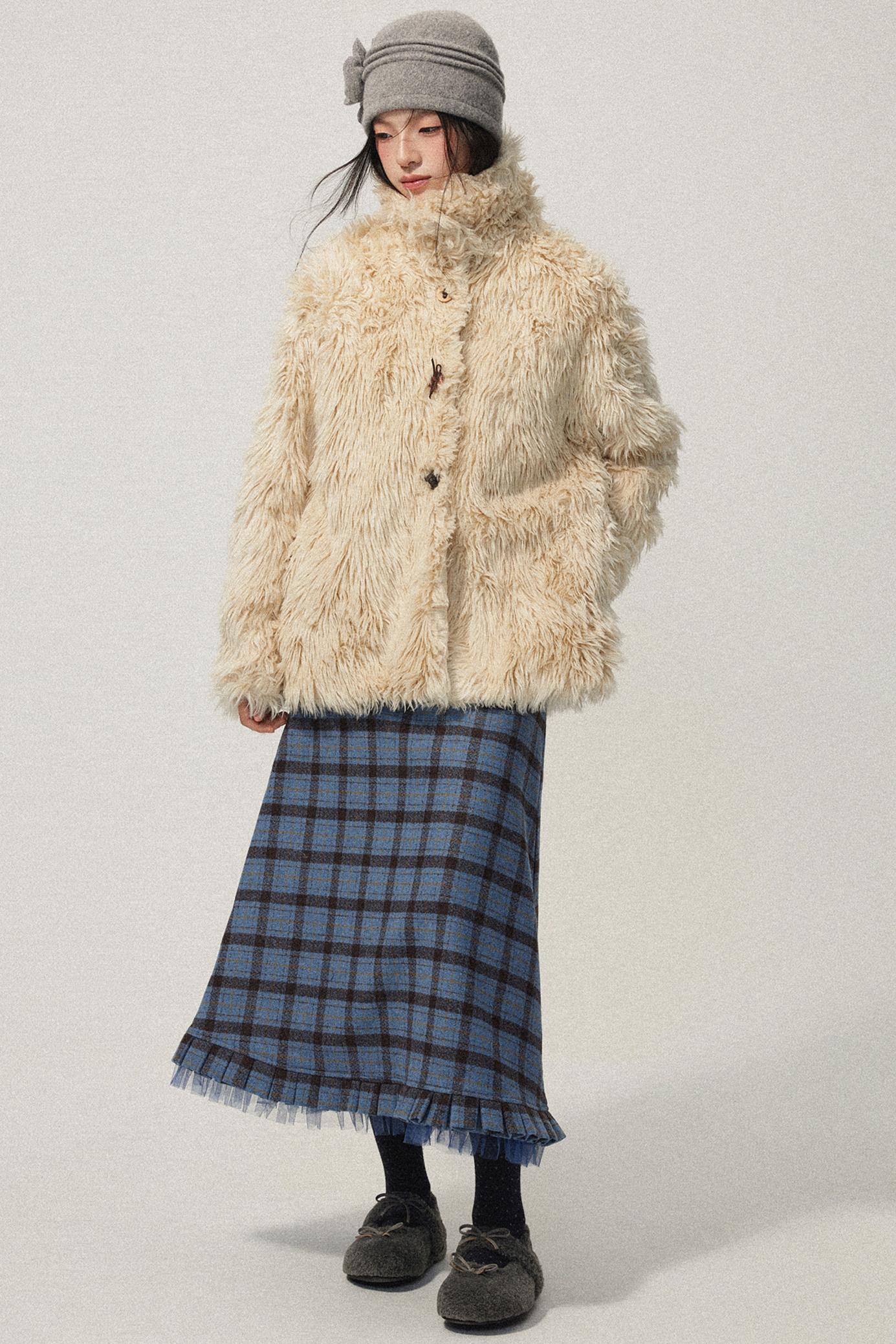 Khaki Wool Fur Collar Slim Coat