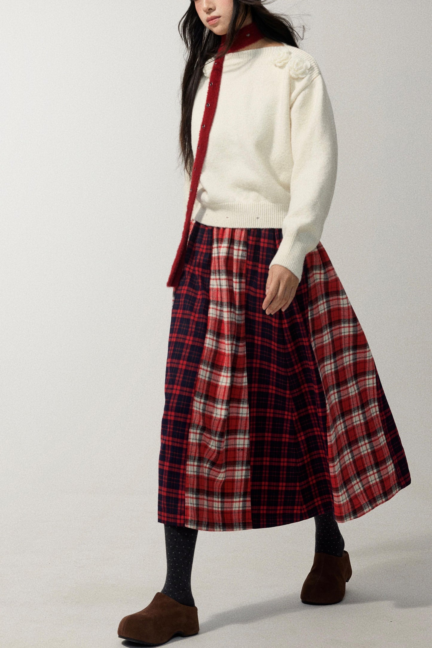 Red Plaid Elastic Waist A-Line Skirt