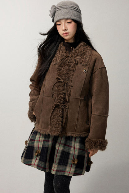 Coffee Red Plaid Cotton Warm Skirt