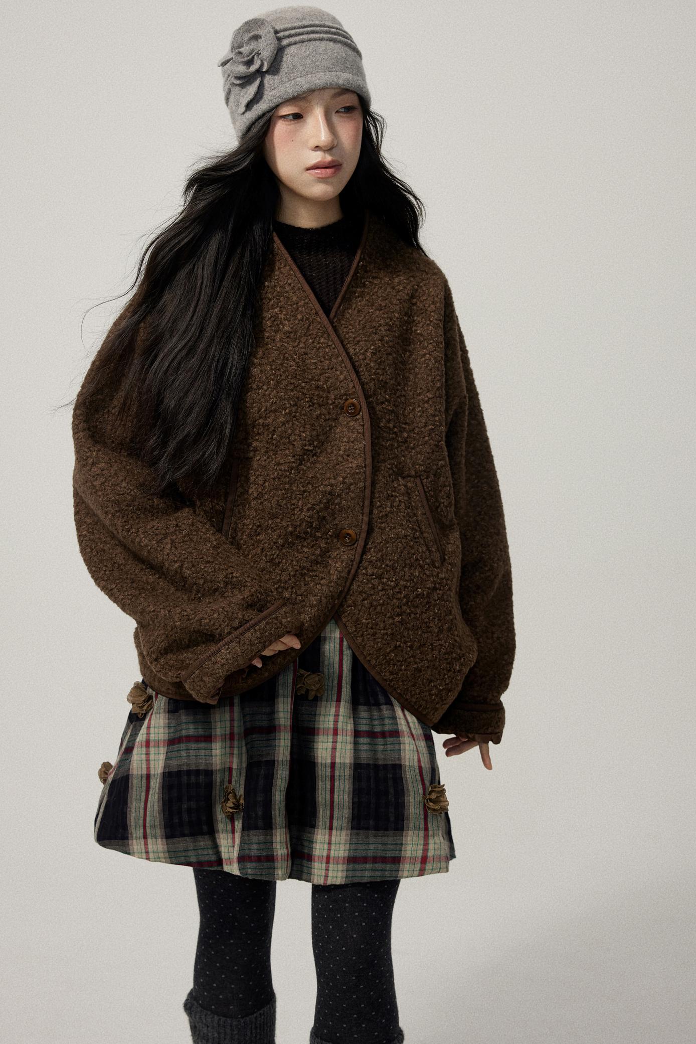 Coffee Red Plaid Cotton Warm Skirt