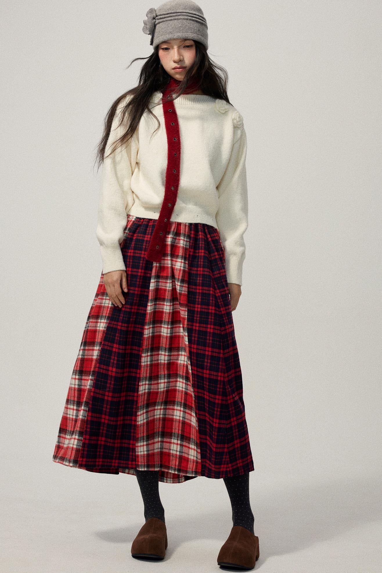 Red Plaid Elastic Waist A-Line Skirt