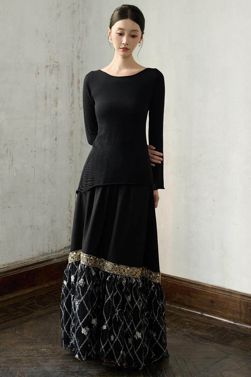 Fall Black Patchwork Mesh Skirt