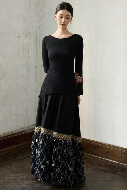 Fall Black Patchwork Mesh Skirt