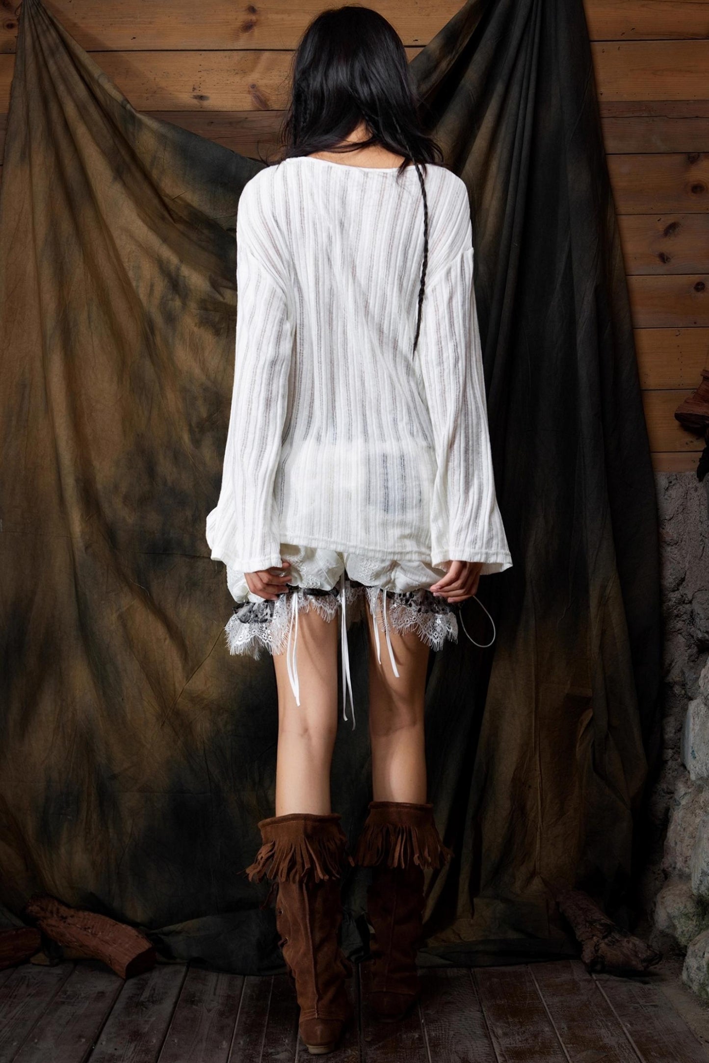 Vintage V-Neck Lace-Up Knitted Print Long Sleeve T-Shirt