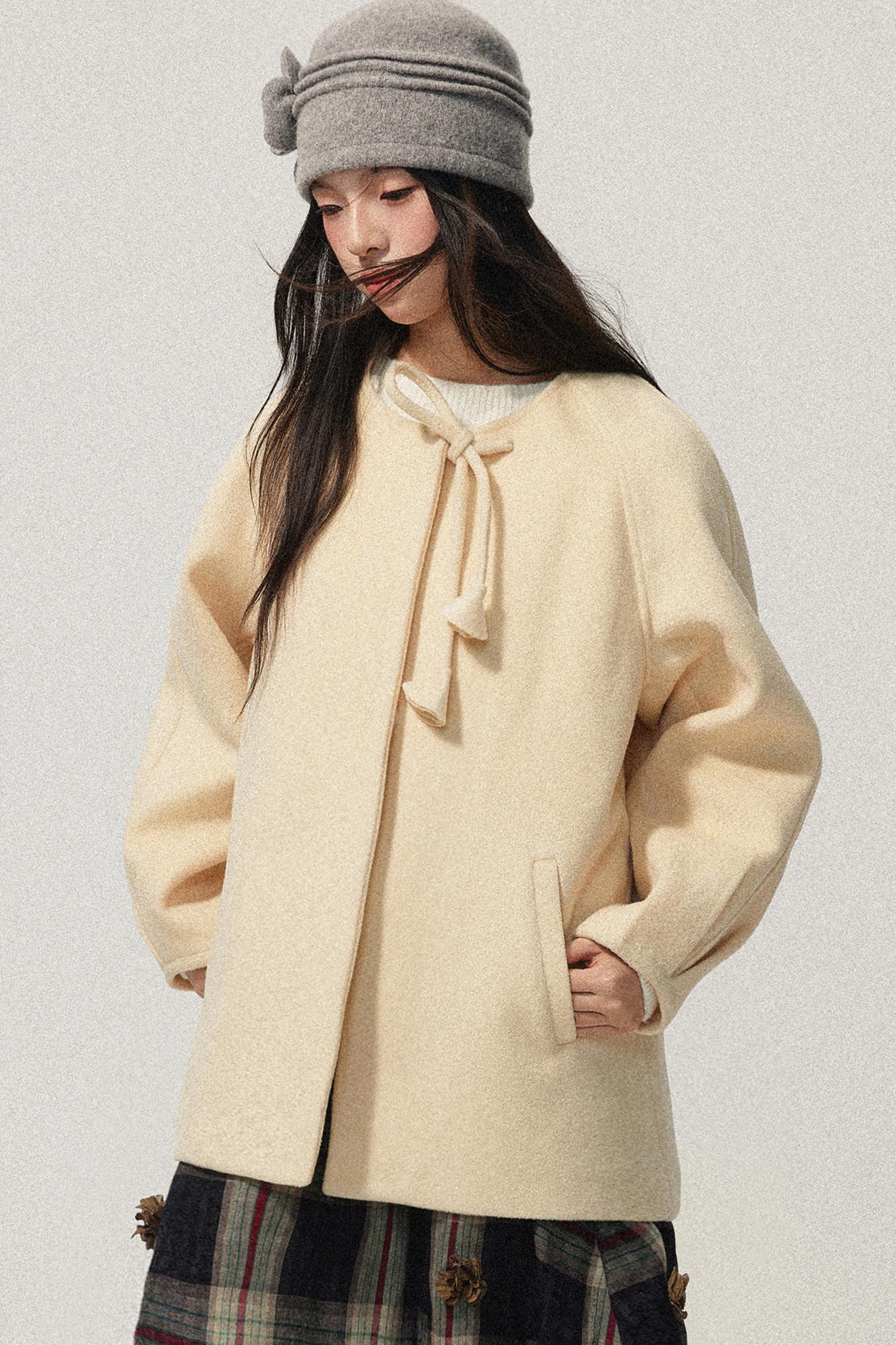 Pale Yellow Collarless Wool Coat