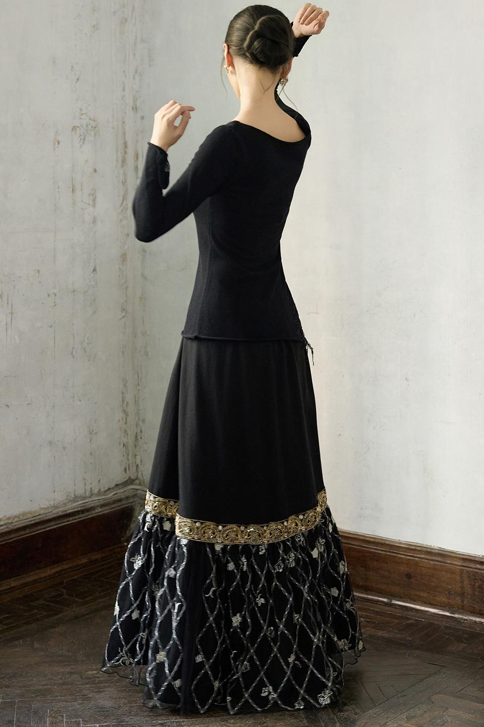 Fall Black Patchwork Mesh Skirt