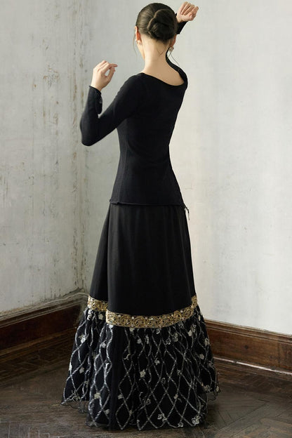 Fall Black Patchwork Mesh Skirt