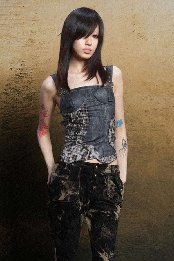 Punk Plaid Patchwork Corset Top