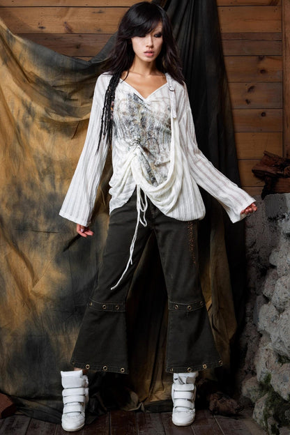 Vintage V-Neck Lace-Up Knitted Print Long Sleeve T-Shirt