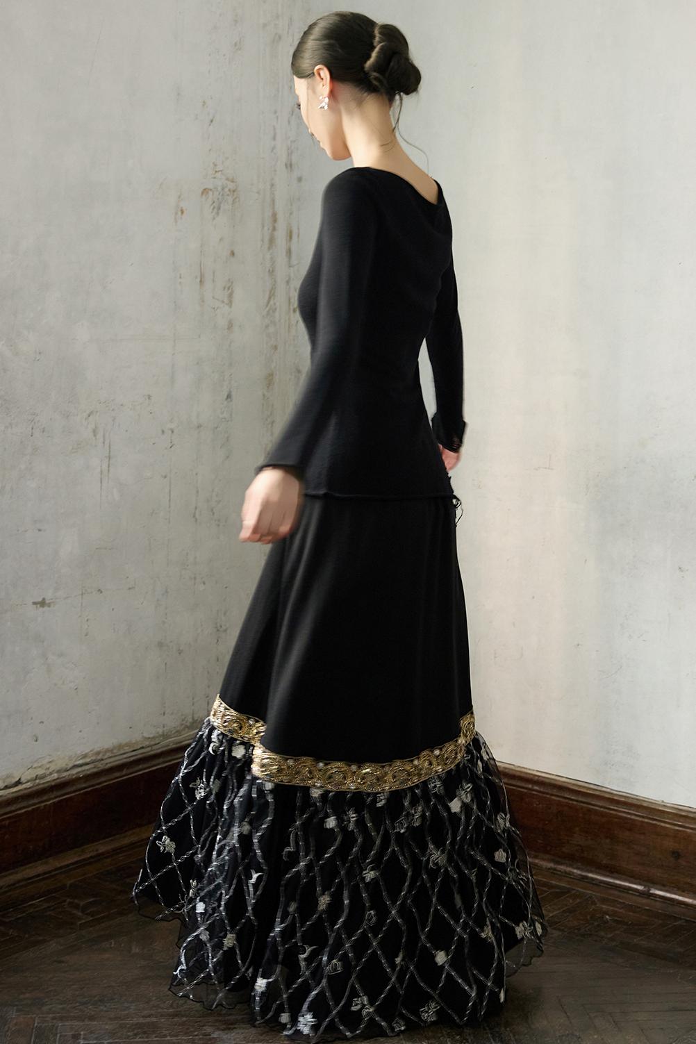 Fall Black Patchwork Mesh Skirt