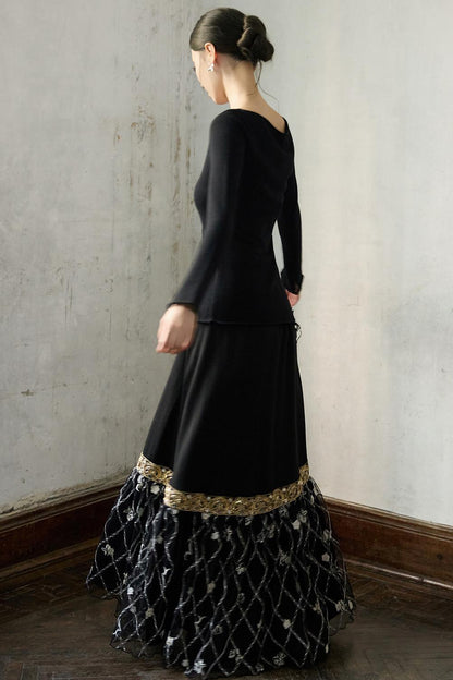 Fall Black Patchwork Mesh Skirt