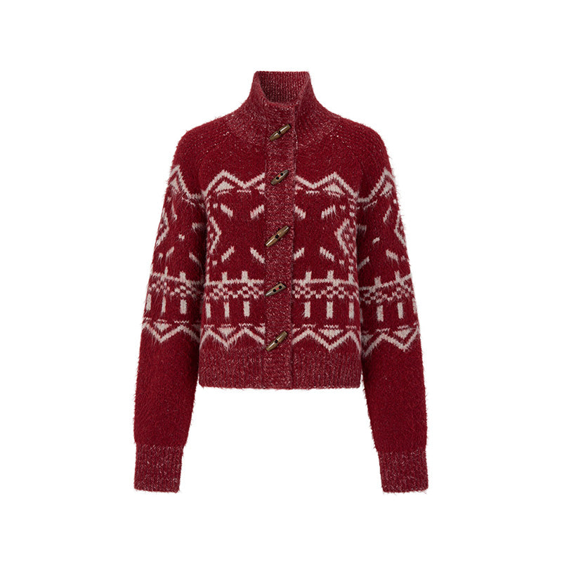 Red Turtleneck Jacquard Cardigan