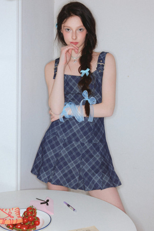 Vintage Blue Plaid Denim Halter Dress