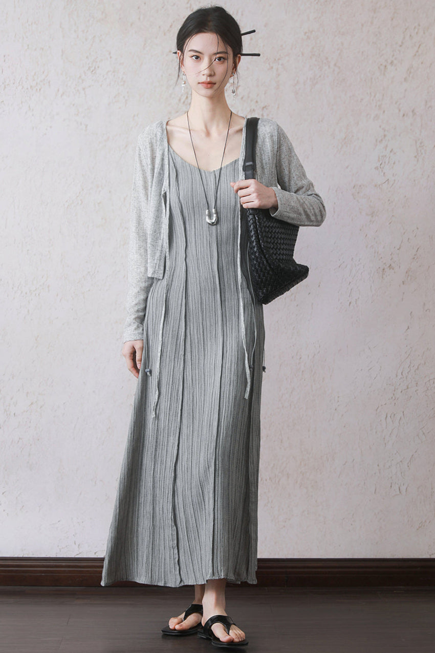 Gray Halter Pleated Dress Set-Up