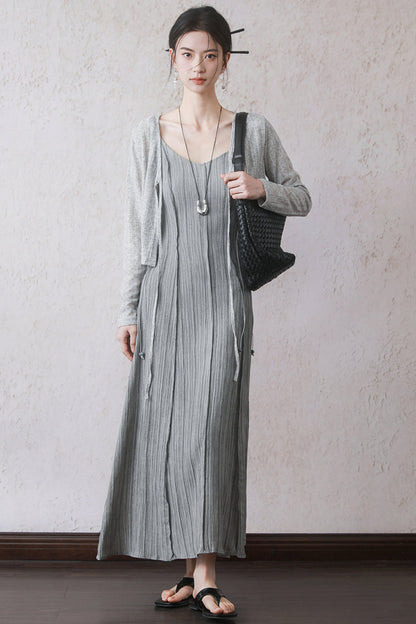 Gray Halter Pleated Dress Set-Up