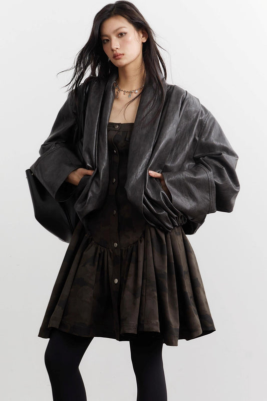 Vintage Pleated Silhouette Faux Leather Jacket