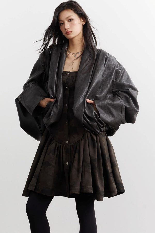 Vintage Pleated Silhouette Faux Leather Jacket