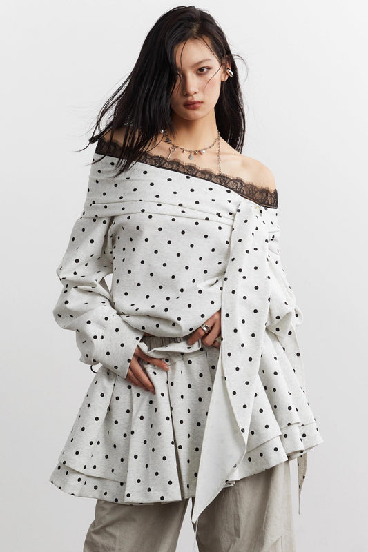 Cute Lace-Up Polka Dot Sweatshirt Set-Up
