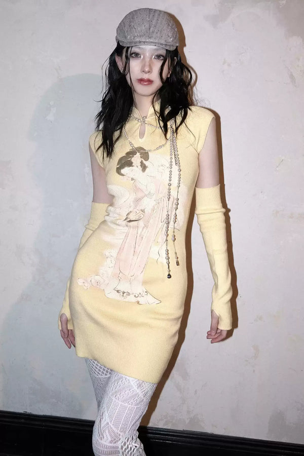 Knitted Sleeve Floral Qipao Dress