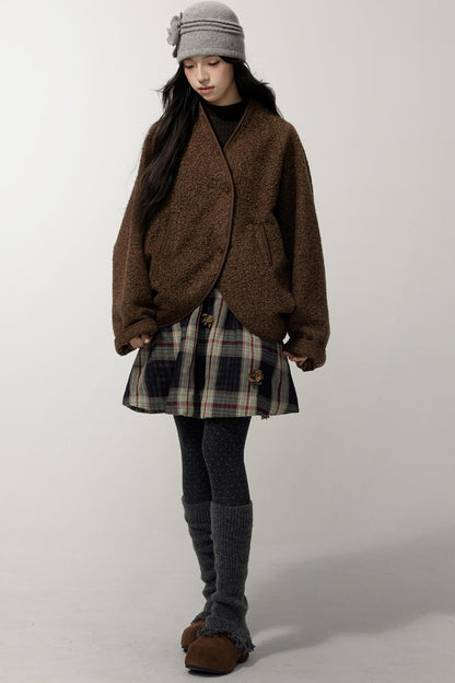 Coffee Red Plaid Cotton Warm Skirt