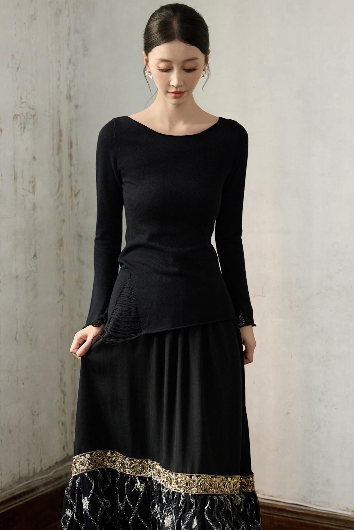 Fall Black Patchwork Mesh Skirt