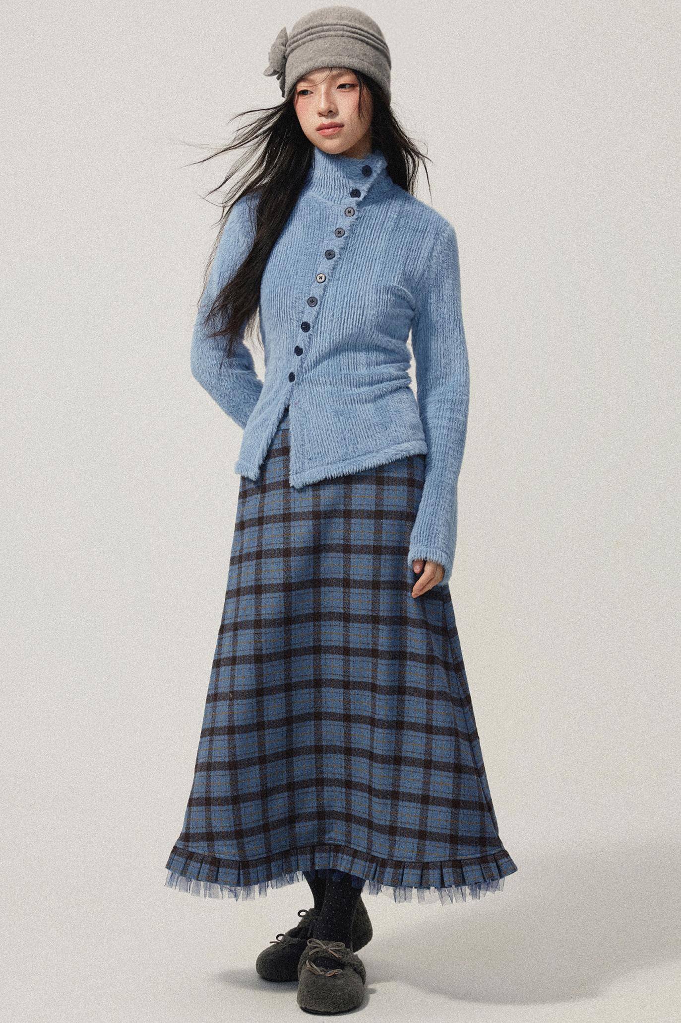 Blue Check Tweed Mermaid Skirt