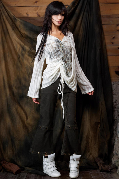 Vintage V-Neck Lace-Up Knitted Print Long Sleeve T-Shirt