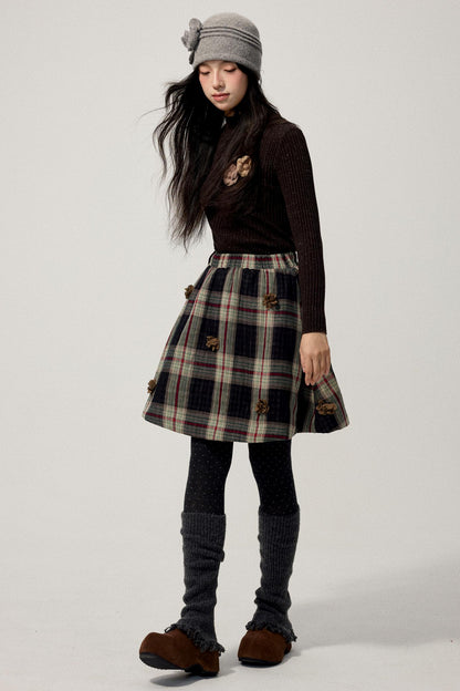 Coffee Red Plaid Cotton Warm Skirt
