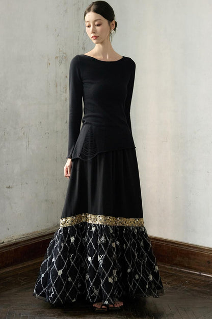 Fall Black Patchwork Mesh Skirt