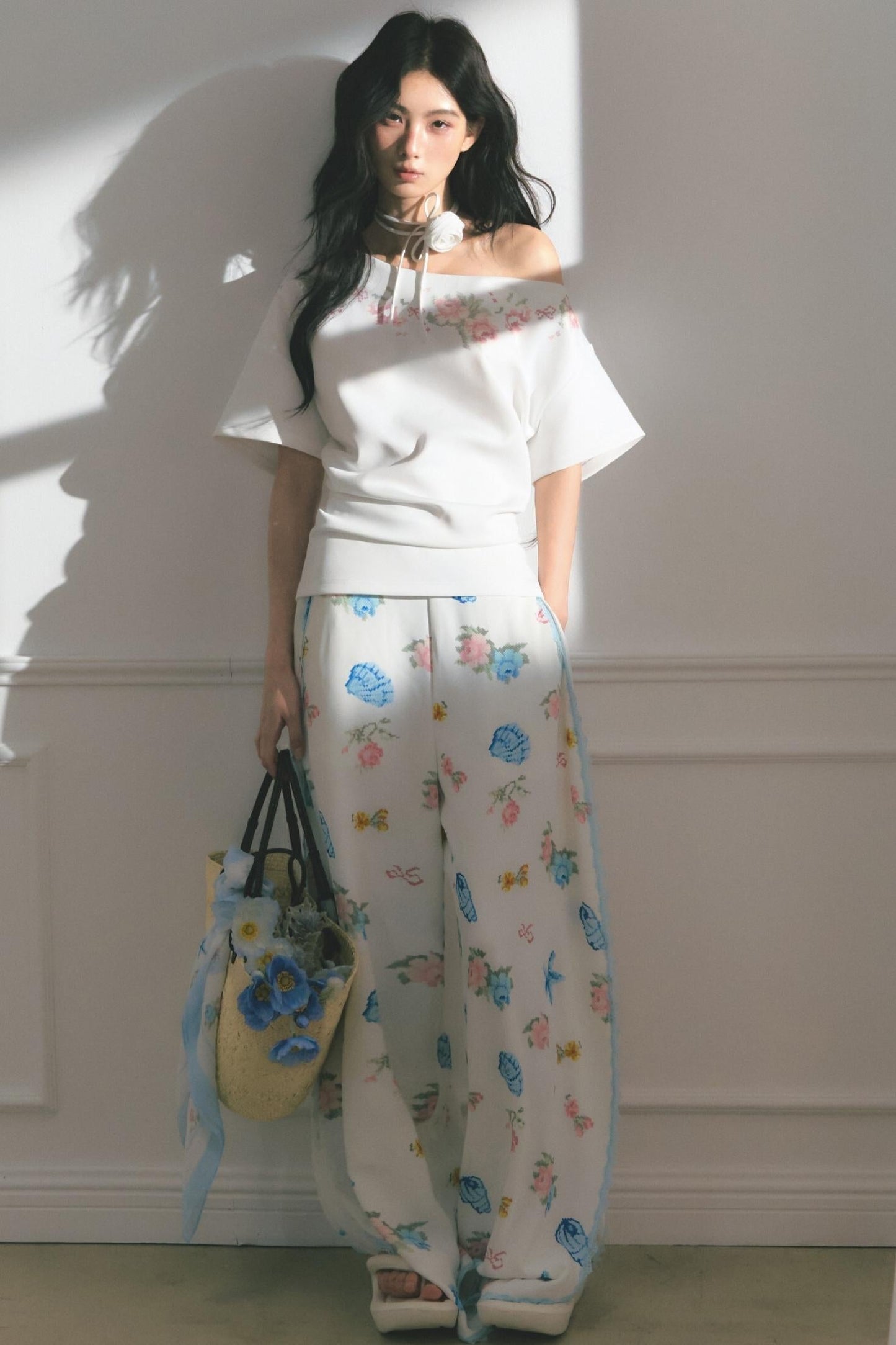 Floral Embroidered Button Top