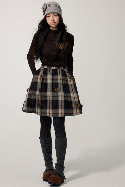 Coffee Red Plaid Cotton Warm Skirt