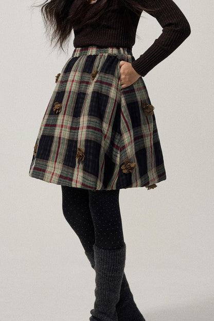 Coffee Red Plaid Cotton Warm Skirt