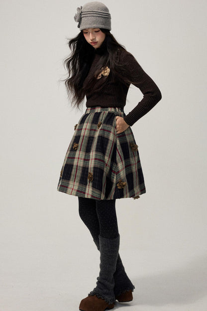 Coffee Red Plaid Cotton Warm Skirt