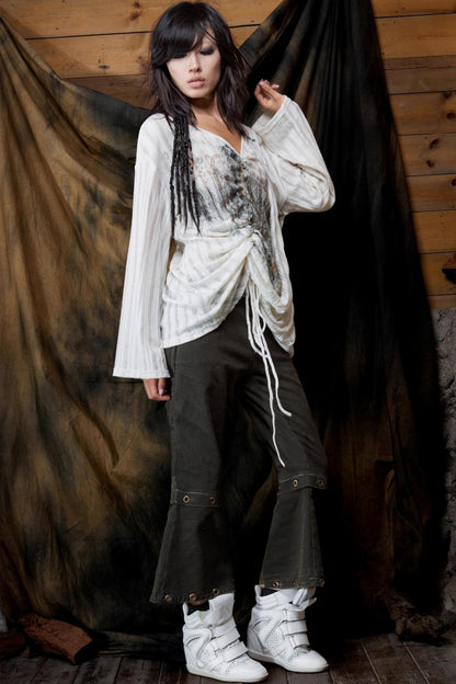 Vintage V-Neck Lace-Up Knitted Print Long Sleeve T-Shirt