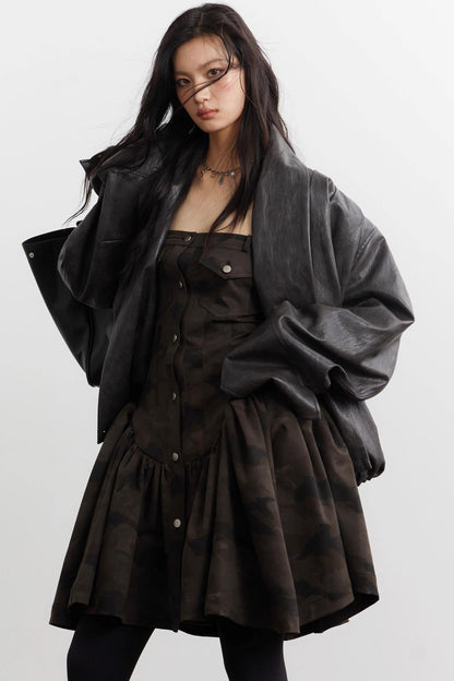 Vintage Pleated Silhouette Faux Leather Jacket