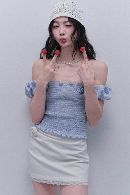 Rose One-Shoulder Bubble Sleeve Top