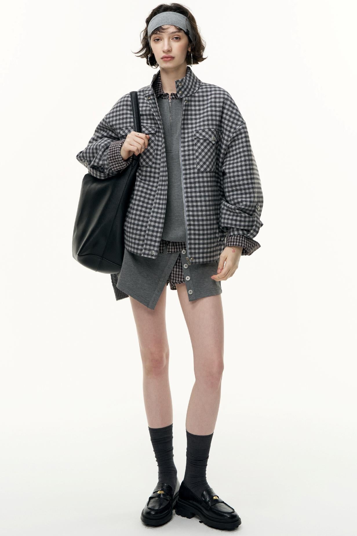 Plaid Contrast Patchwork Collar Jacket
