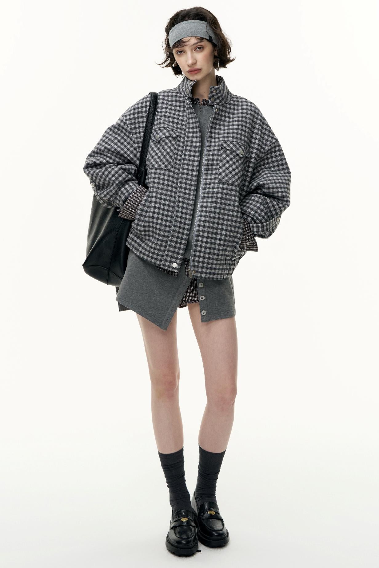 Plaid Contrast Patchwork Collar Jacket