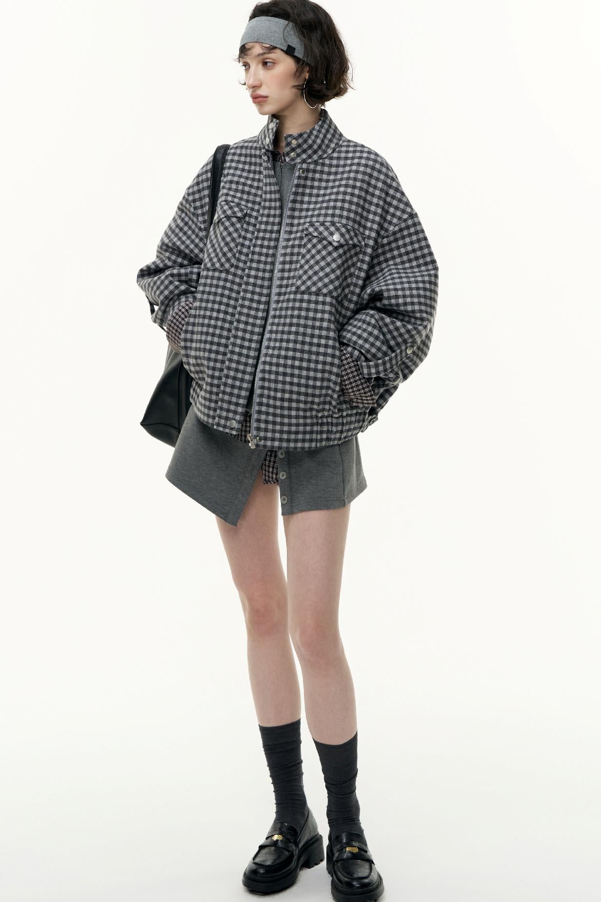 Plaid Contrast Patchwork Collar Jacket