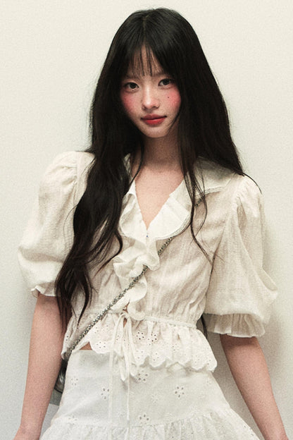 Elegant Bubble Sleeve Top & Skirt Set-Up